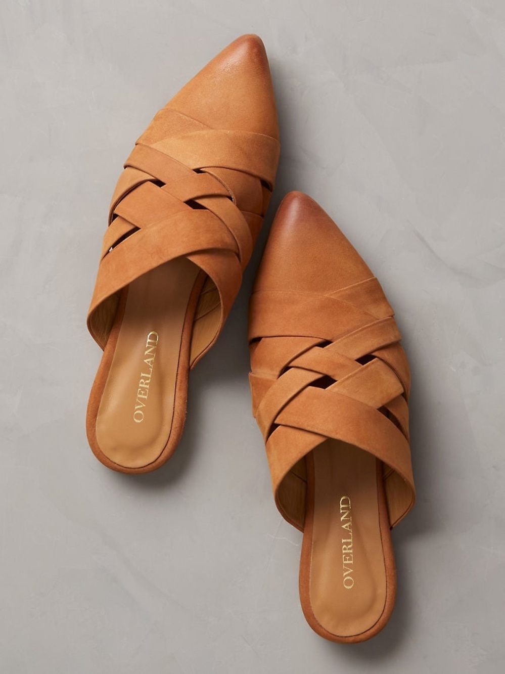 Overland Tara goatskin carmel tan leather mules size 38